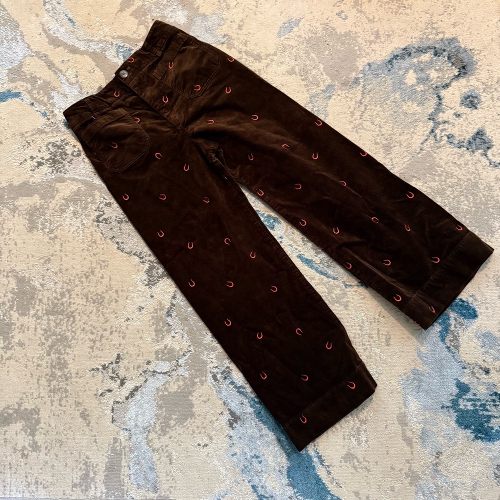The Colette Crop Wide-Leg Embroidered Horseshoe Corduroy Pants by Maeve/Anthro